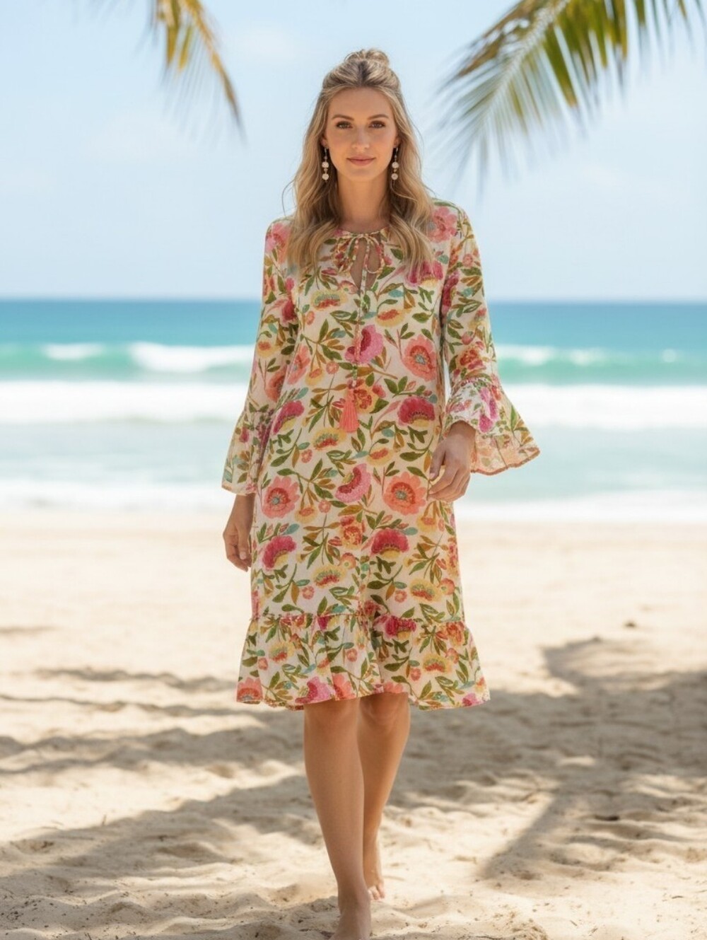 Gorgeous Debbie Katz Floral Tie-Neck Beach Tunic Dress - Pink, Green, Cream